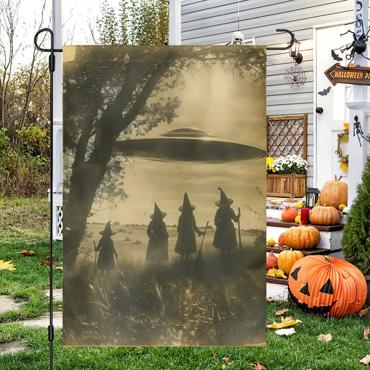 Funny Halloween Witches and UFO Garden Flag House Flag, The Magical Garden Yard Flag Spooky Season Gift For Witch Lovers