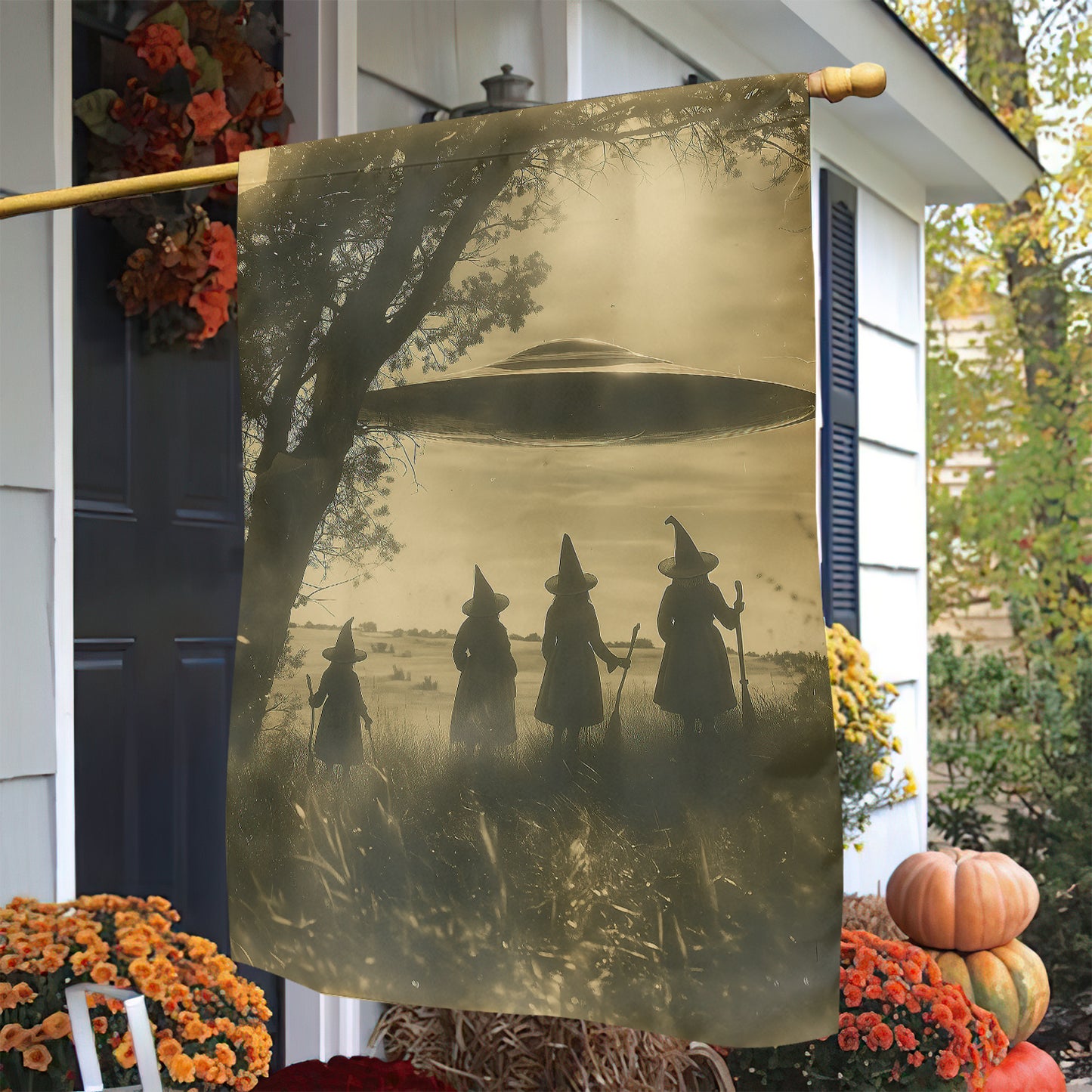 Funny Halloween Witches and UFO Garden Flag House Flag, The Magical Garden Yard Flag Spooky Season Gift For Witch Lovers