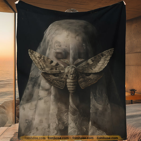 Gothic Halloween Moth Fleece Blanket, Moth Veiled Woman Woven Blanket, Sherpa Blanket Spooky Season Gift