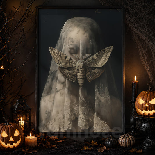 Gothic Halloween Moth Canvas Painting, Moth Veiled Woman Wall Art Decor, Spooky Season Poster Gift To Decor House Or Office