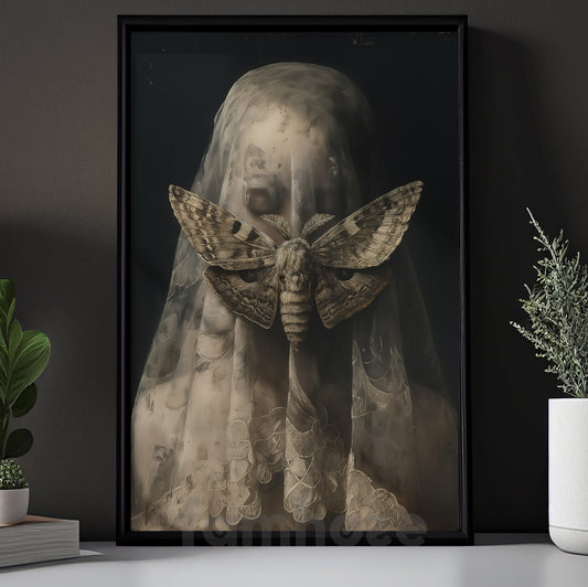 Gothic Halloween Moth Canvas Painting, Moth Veiled Woman Wall Art Decor, Spooky Season Poster Gift To Decor House Or Office