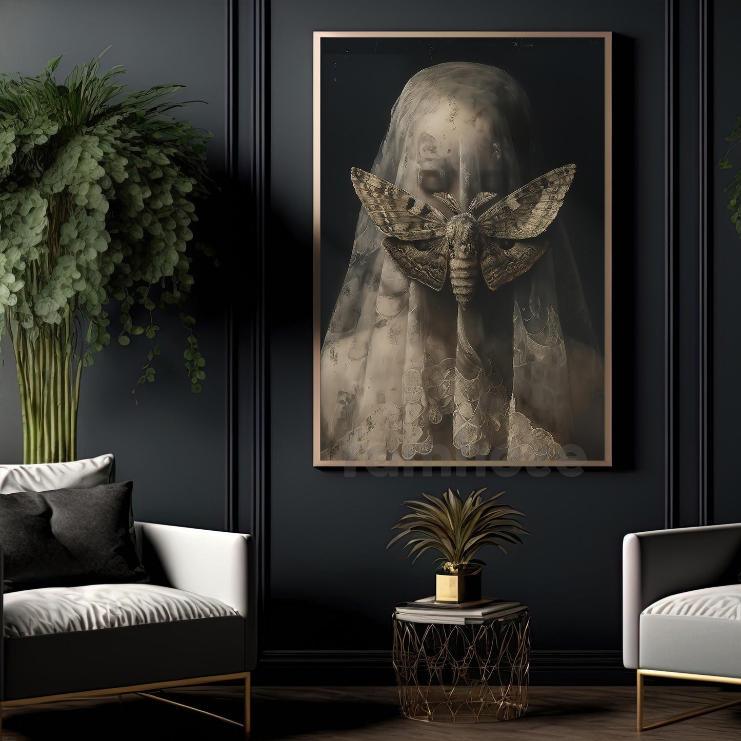 Gothic Halloween Moth Canvas Painting, Moth Veiled Woman Wall Art Decor, Spooky Season Poster Gift To Decor House Or Office