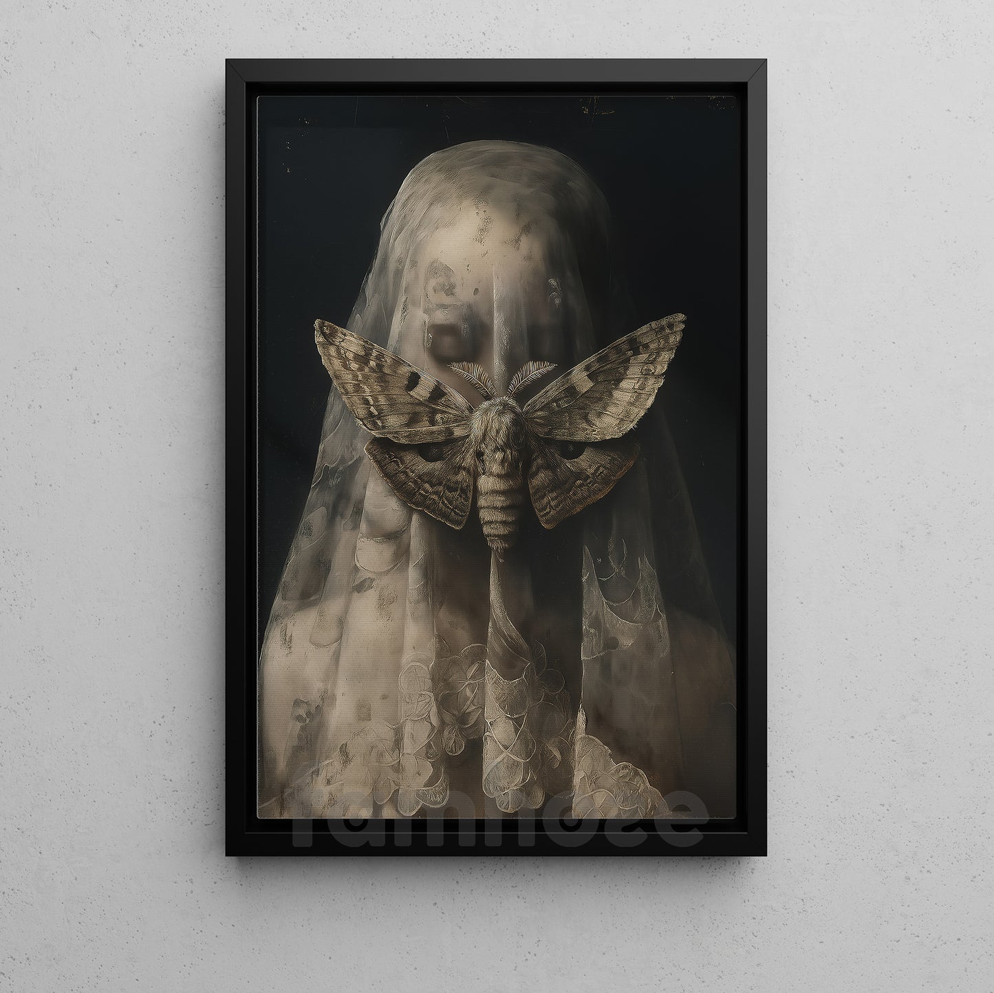 Gothic Halloween Moth Canvas Painting, Moth Veiled Woman Wall Art Decor, Spooky Season Poster Gift To Decor House Or Office