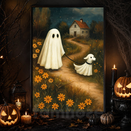 Halloween Boo Walking Dog Canvas Painting, Two Little Ghosts One Quiet Path Wall Art Decor, Spooky Season Poster Gift For Ghost & Dog Lover