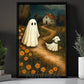 Halloween Boo Walking Dog Canvas Painting, Two Little Ghosts One Quiet Path Wall Art Decor, Spooky Season Poster Gift For Ghost & Dog Lover