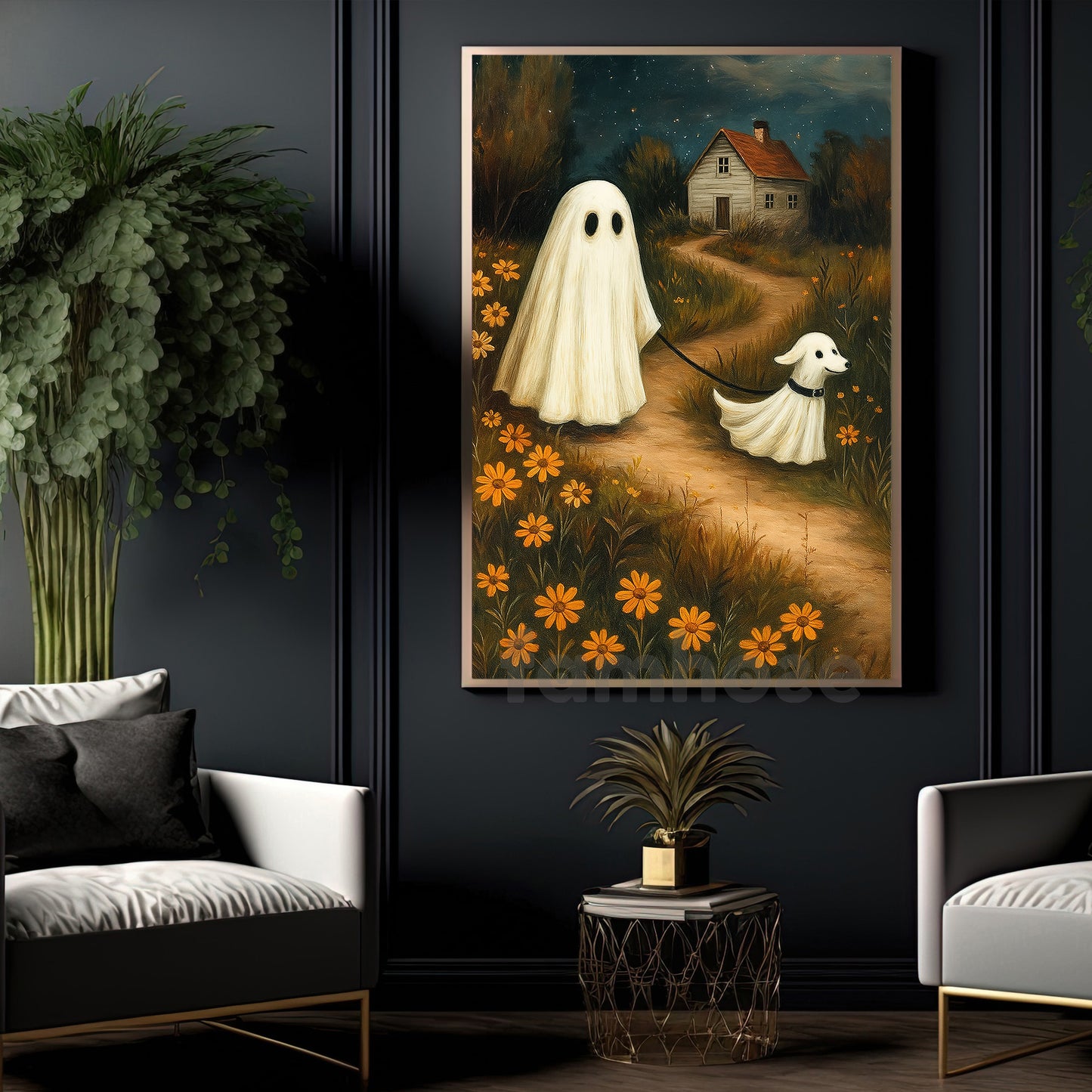 Halloween Boo Walking Dog Canvas Painting, Two Little Ghosts One Quiet Path Wall Art Decor, Spooky Season Poster Gift For Ghost & Dog Lover