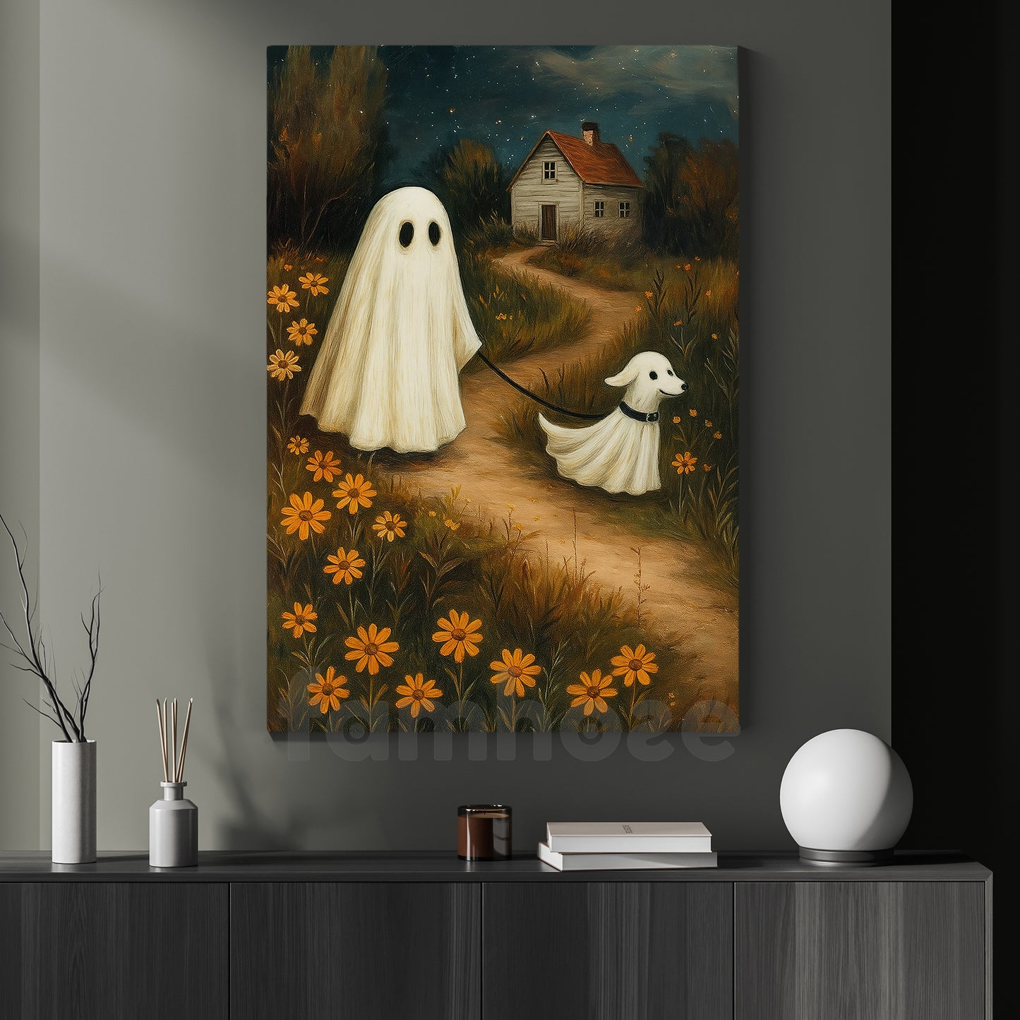 Halloween Boo Walking Dog Canvas Painting, Two Little Ghosts One Quiet Path Wall Art Decor, Spooky Season Poster Gift For Ghost & Dog Lover