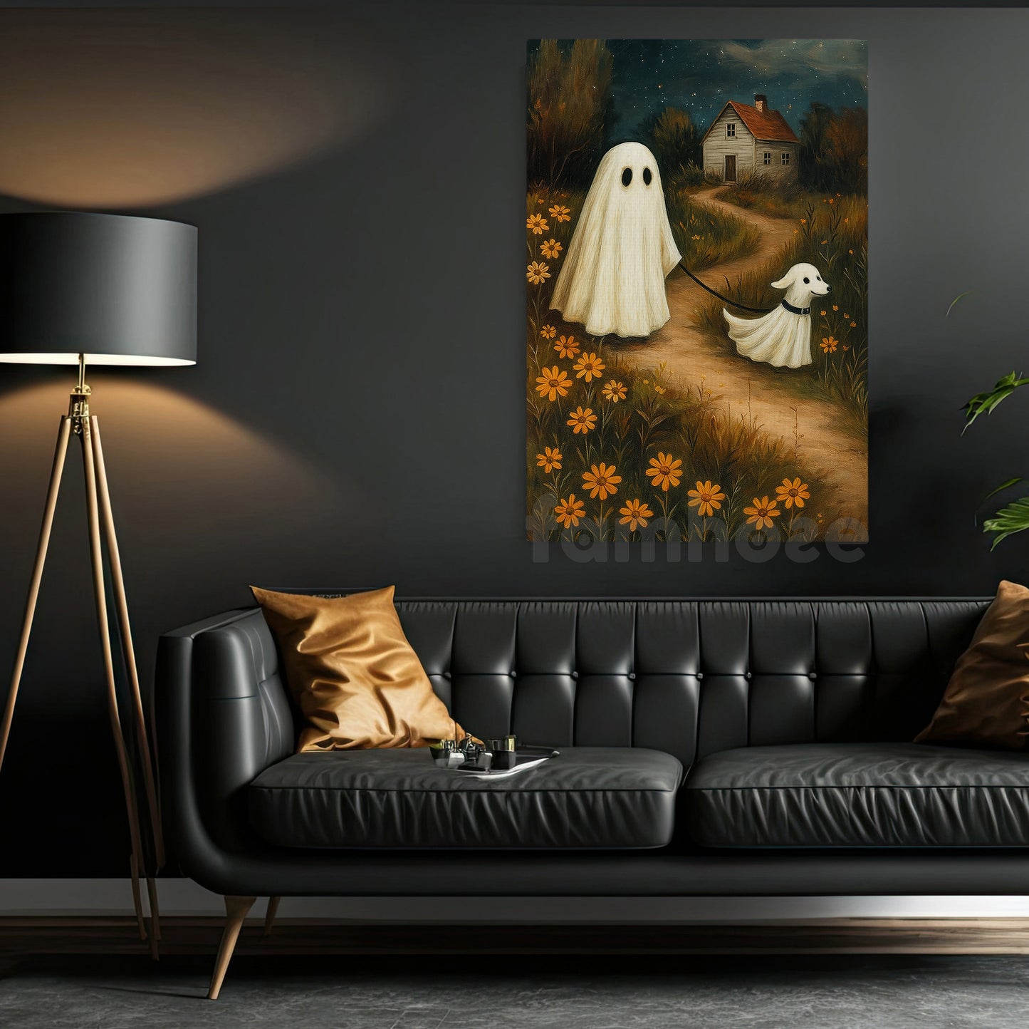 Halloween Boo Walking Dog Canvas Painting, Two Little Ghosts One Quiet Path Wall Art Decor, Spooky Season Poster Gift For Ghost & Dog Lover