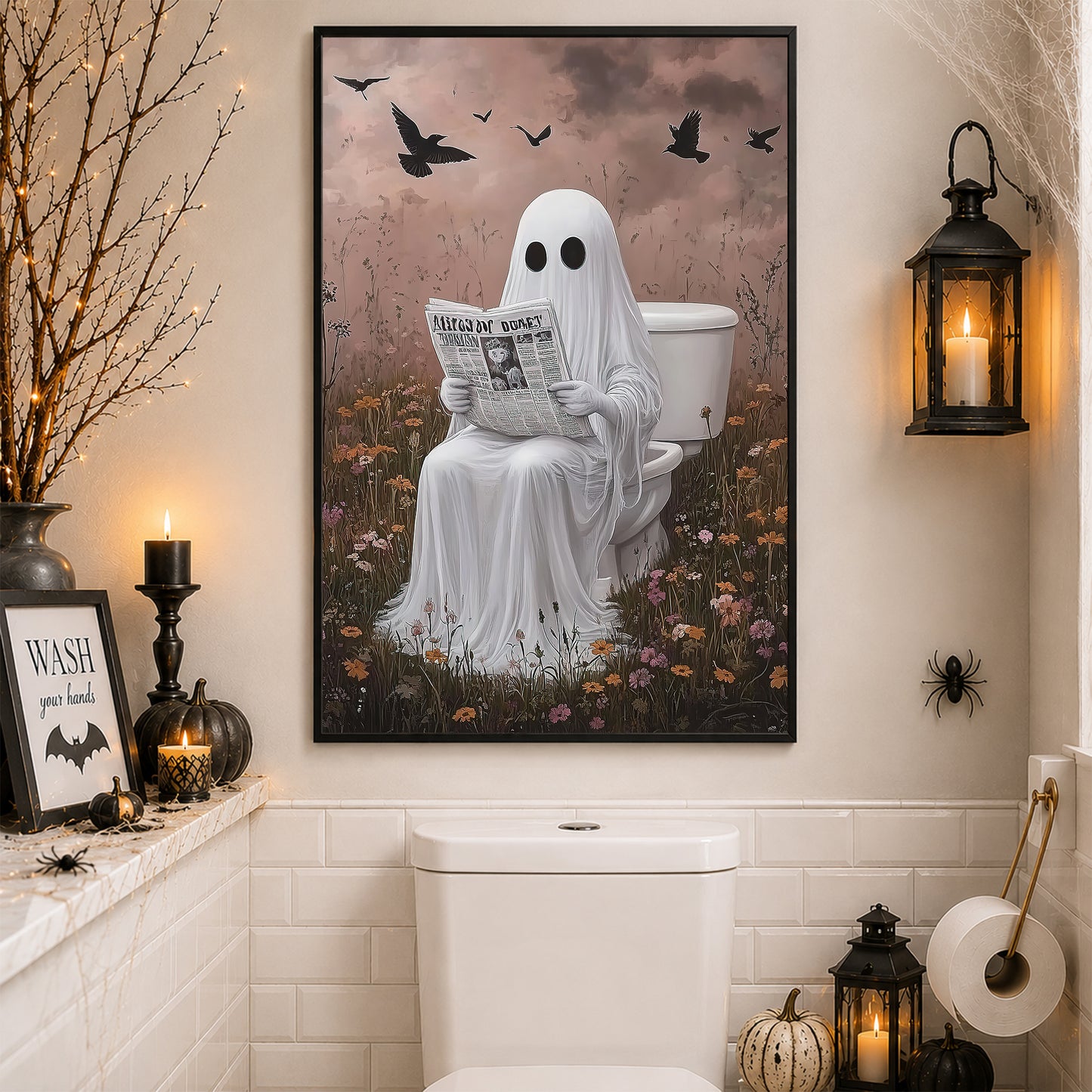 Funny Halloween Toilet Ghost Canvas Painting, Boo-room Reading Club Restroom Wall Art Decor, Spooky Season Poster Gift For Ghost Lover
