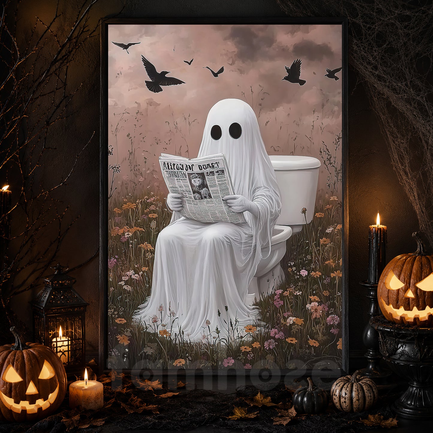 Funny Halloween Toilet Ghost Canvas Painting, Boo-room Reading Club Restroom Wall Art Decor, Spooky Season Poster Gift For Ghost Lover