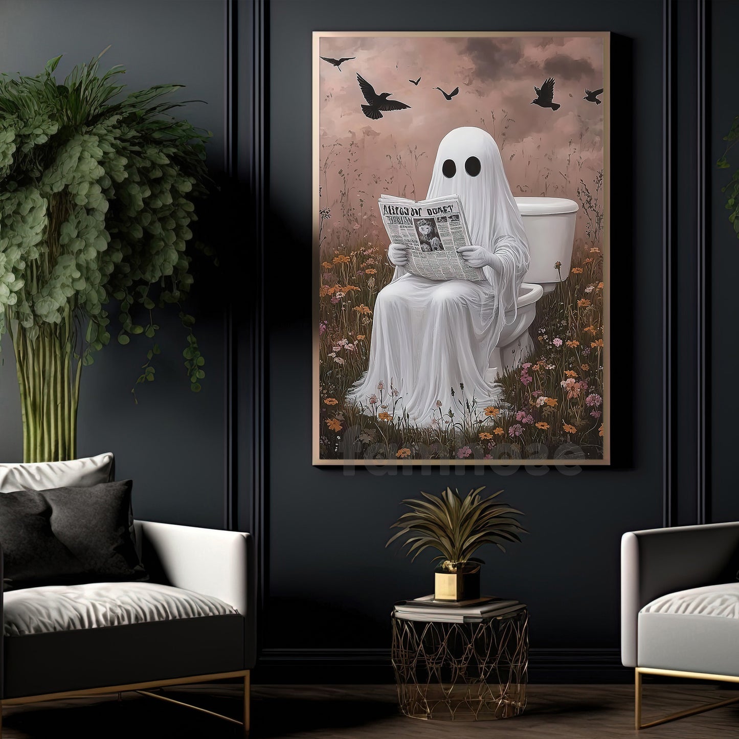 Funny Halloween Toilet Ghost Canvas Painting, Boo-room Reading Club Restroom Wall Art Decor, Spooky Season Poster Gift For Ghost Lover