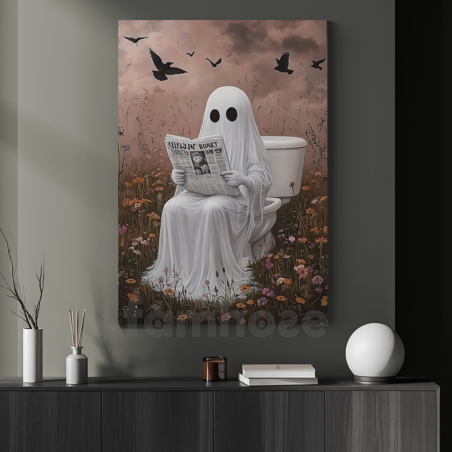 Funny Halloween Toilet Ghost Canvas Painting, Boo-room Reading Club Restroom Wall Art Decor, Spooky Season Poster Gift For Ghost Lover