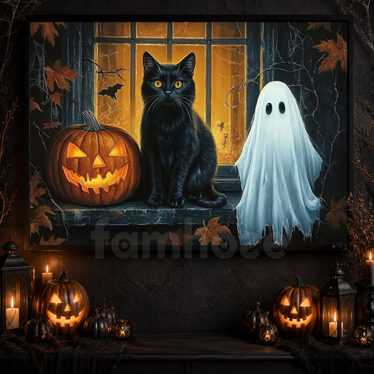 Black Cat, Ghost & Pumpkin Canvas Painting, Midnight Has Two Best Friends Spooky Season Wall Art Decor, Halloween Poster Gift For Cat Lover