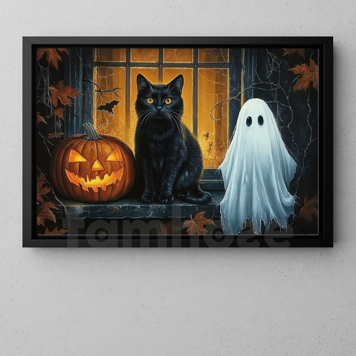 Black Cat, Ghost & Pumpkin Canvas Painting, Midnight Has Two Best Friends Spooky Season Wall Art Decor, Halloween Poster Gift For Cat Lover