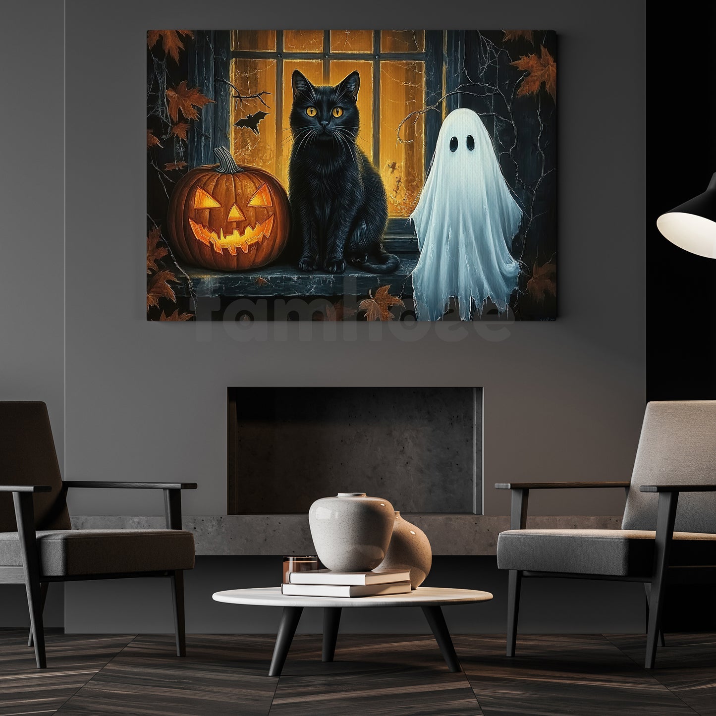 Black Cat, Ghost & Pumpkin Canvas Painting, Midnight Has Two Best Friends Spooky Season Wall Art Decor, Halloween Poster Gift For Cat Lover