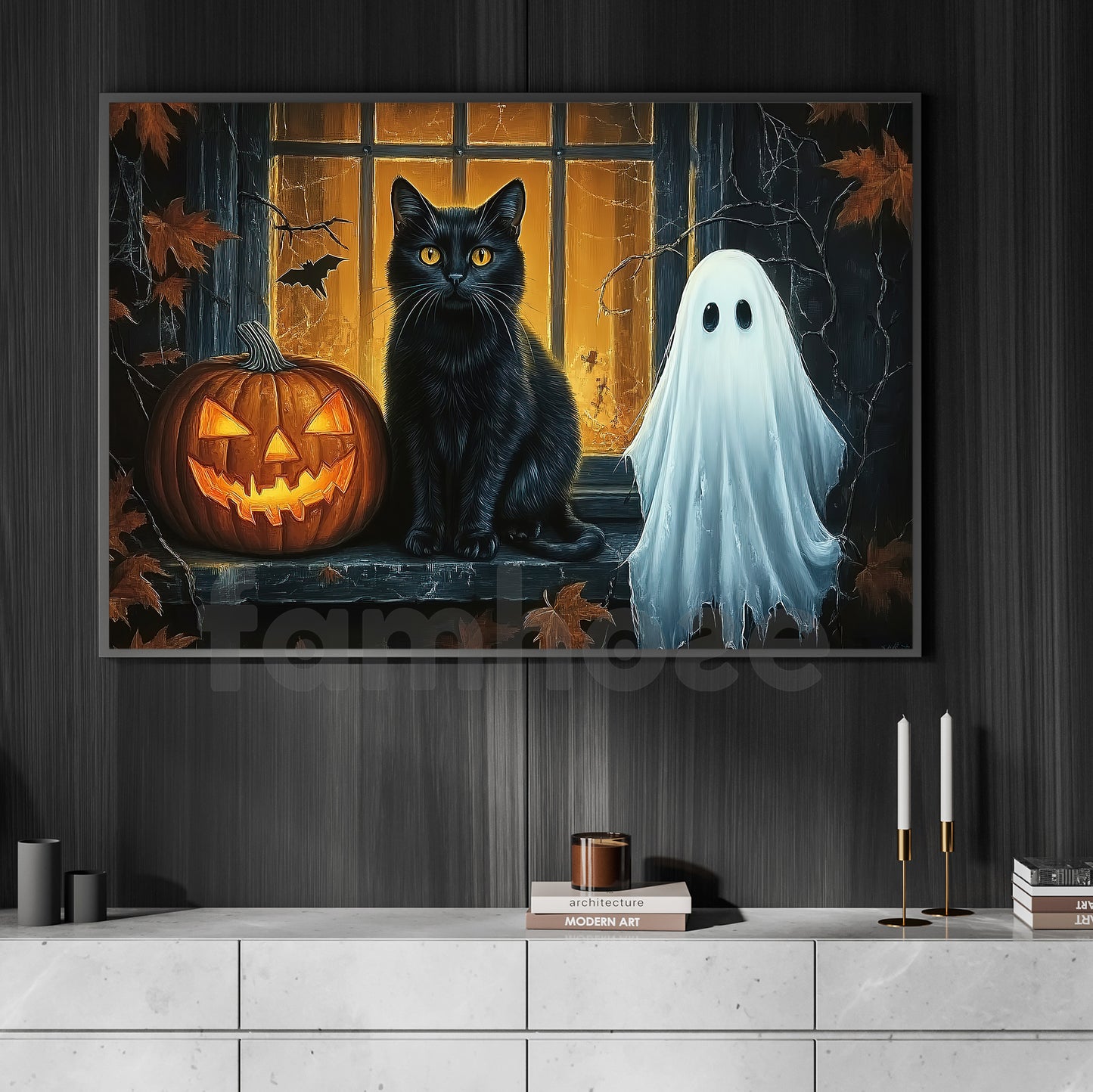 Black Cat, Ghost & Pumpkin Canvas Painting, Midnight Has Two Best Friends Spooky Season Wall Art Decor, Halloween Poster Gift For Cat Lover