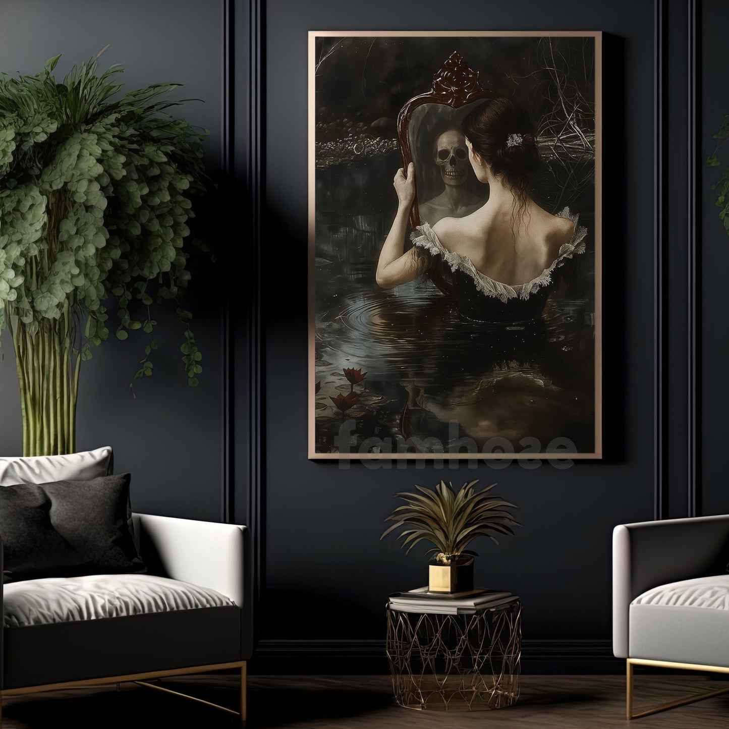 Gothic Halloween Canvas Painting, The Haunted Mirror By The Lake Wall Art Decor, Spooky Season Poster Gift To Decor House Or Office