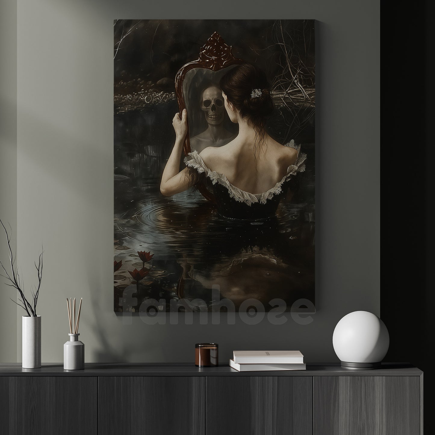 Gothic Halloween Canvas Painting, The Haunted Mirror By The Lake Wall Art Decor, Spooky Season Poster Gift To Decor House Or Office