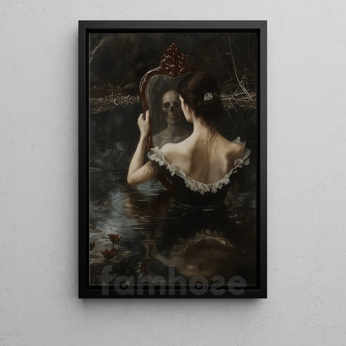 Gothic Halloween Canvas Painting, The Haunted Mirror By The Lake Wall Art Decor, Spooky Season Poster Gift To Decor House Or Office