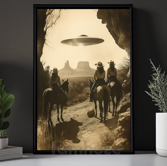 Vintage Cowgirl Riding Horse Canvas Painting, Sepia Surrealism Cowgirl Riders With UFO Wall Art Decor, Poster Gift For Cowgirl