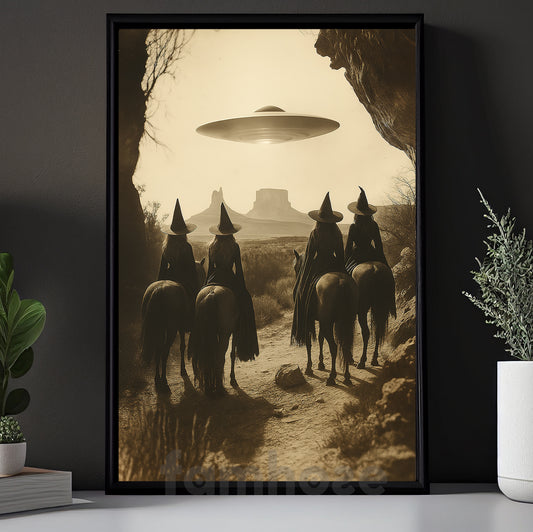 Vintage Halloween Witch Riding Horse Canvas Painting, Urrealism Witches On Horseback With UFO Wall Art Decor, Spooky Season Poster Gift For Witch Lovers