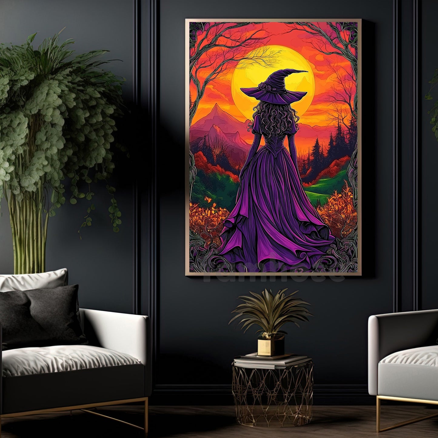 Halloween Witch Canvas Painting, Witch At Sunset Wall Art Decor, Spooky Season Poster Gift For Witch Lovers