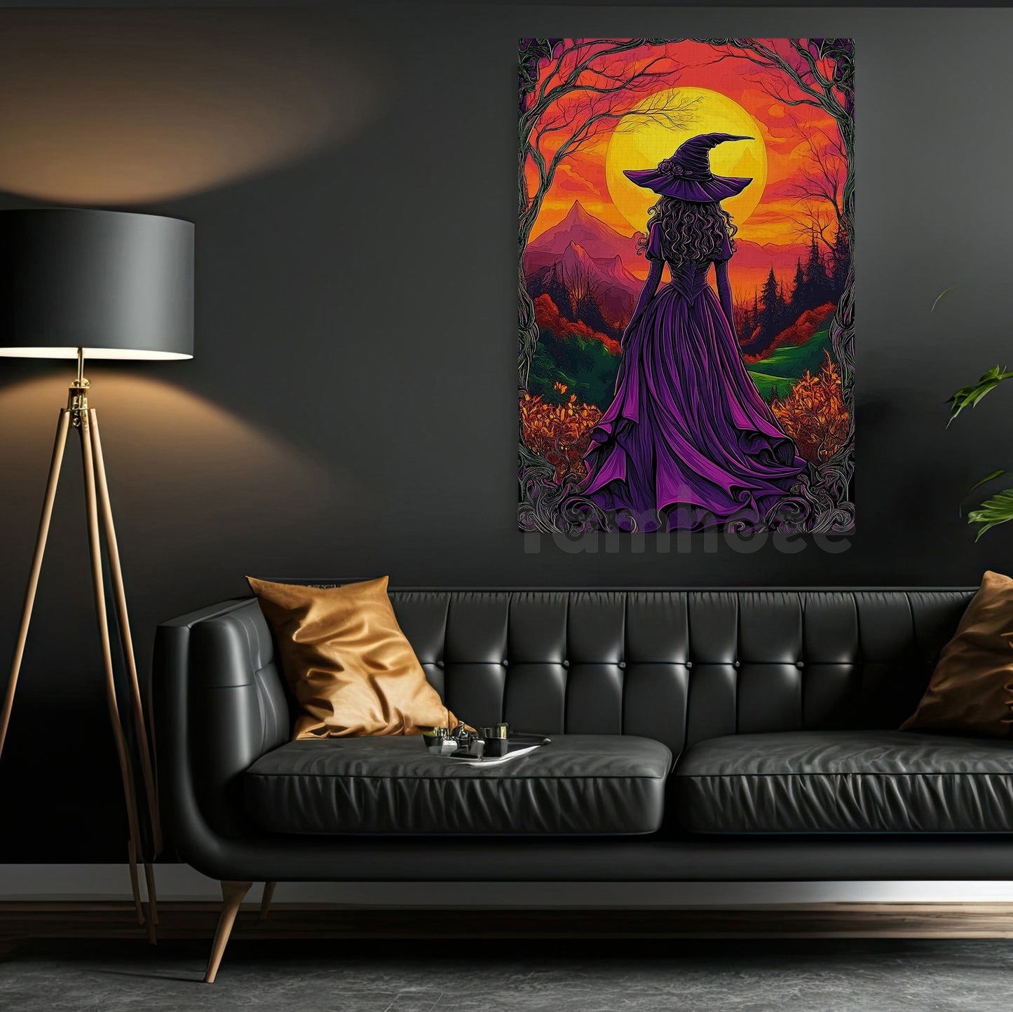 Halloween Witch Canvas Painting, Witch At Sunset Wall Art Decor, Spooky Season Poster Gift For Witch Lovers