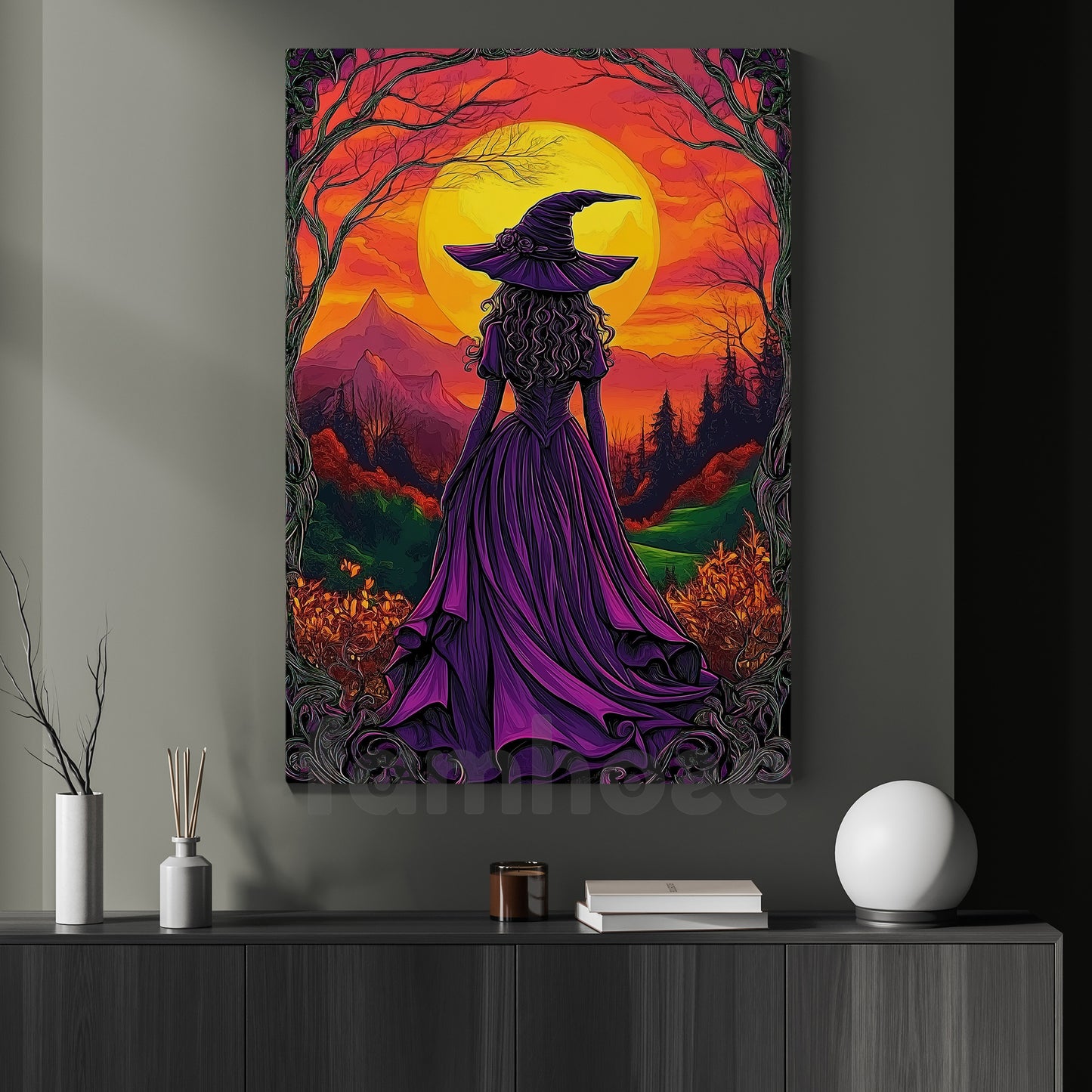 Halloween Witch Canvas Painting, Witch At Sunset Wall Art Decor, Spooky Season Poster Gift For Witch Lovers