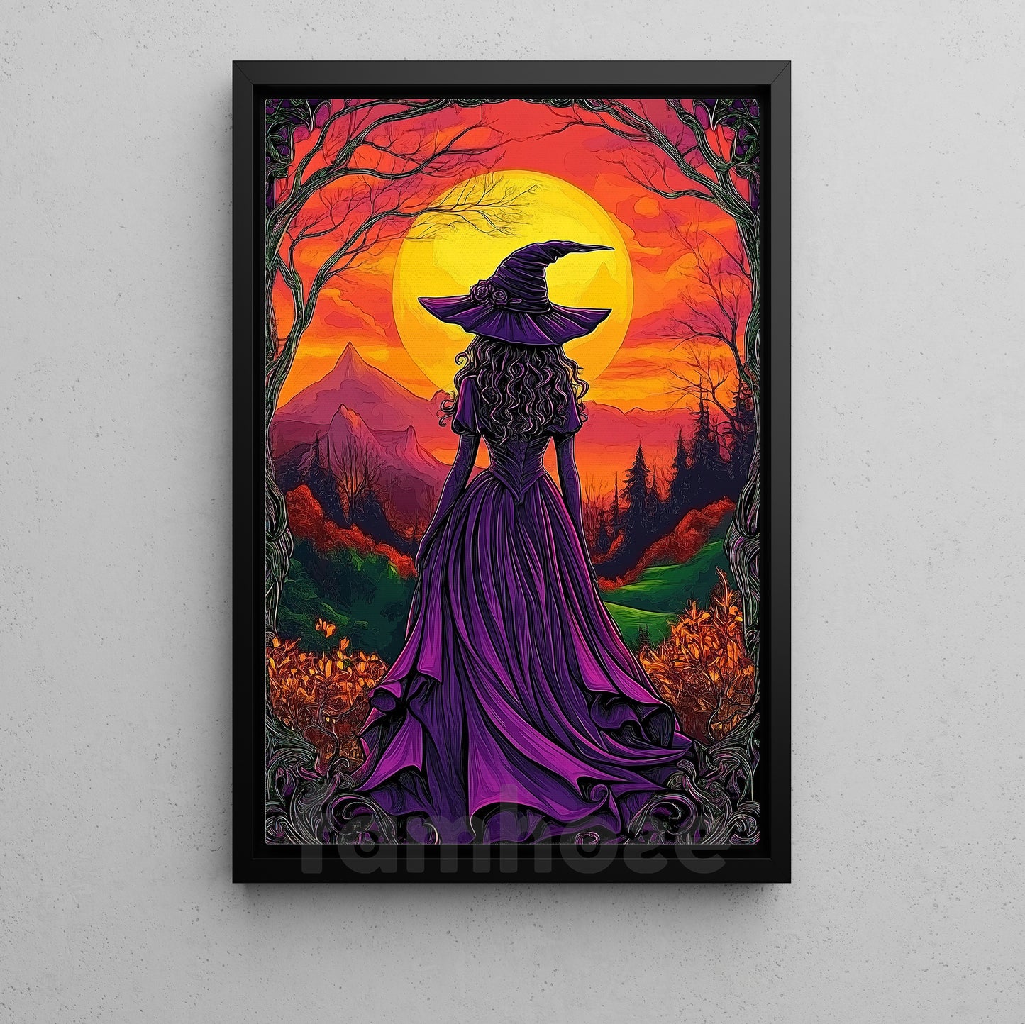 Halloween Witch Canvas Painting, Witch At Sunset Wall Art Decor, Spooky Season Poster Gift For Witch Lovers