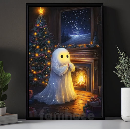 Halloween Boo Canvas Painting, A Ghost’s Warm Winter Night Wall Art Decor, Spooky Season Poster Gift For Ghost Lovers