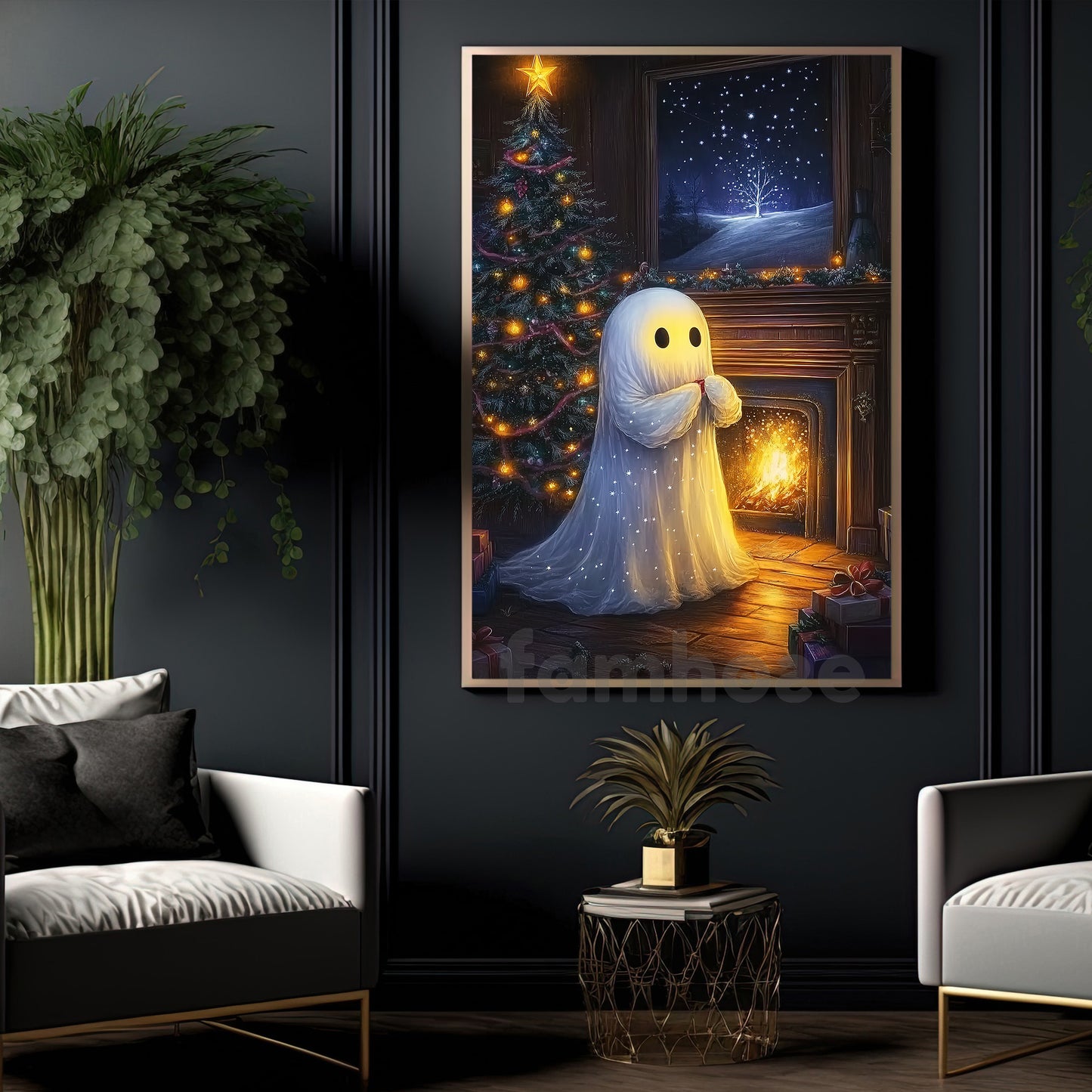 Halloween Boo Canvas Painting, A Ghost’s Warm Winter Night Wall Art Decor, Spooky Season Poster Gift For Ghost Lovers