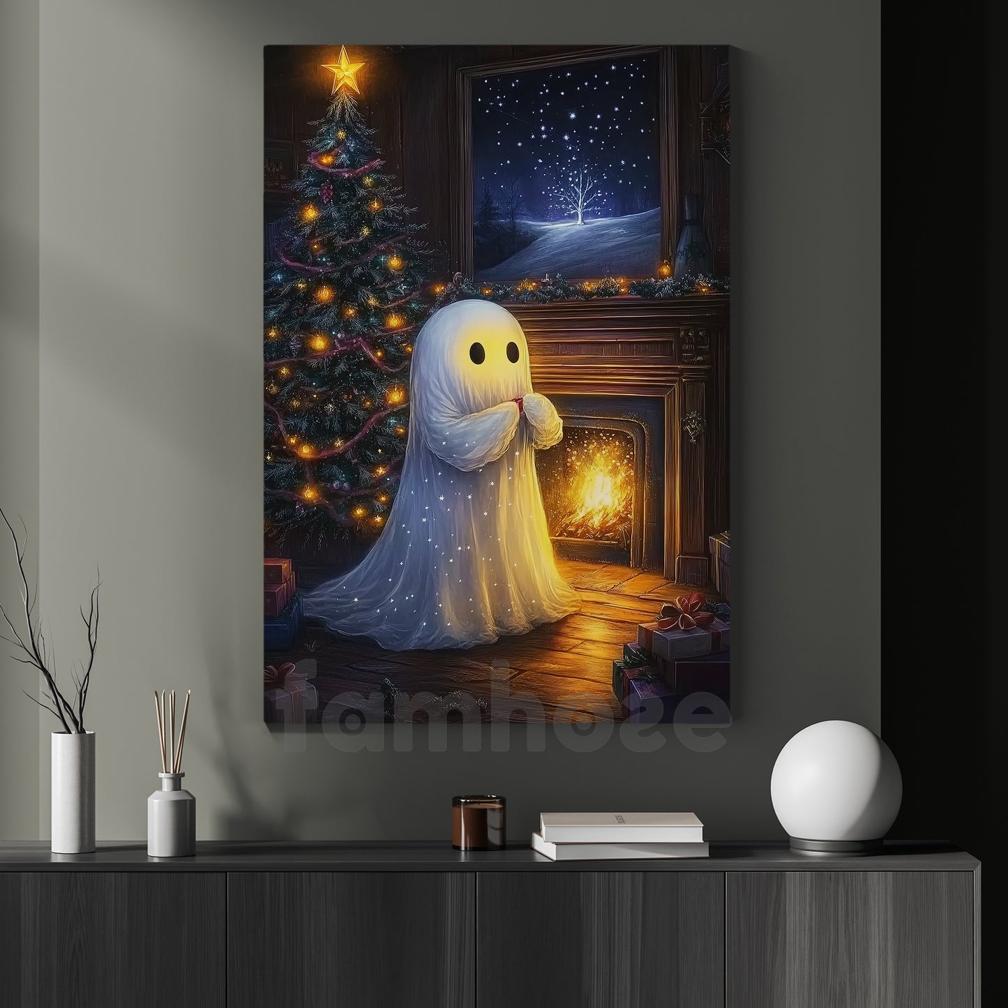 Halloween Boo Canvas Painting, A Ghost’s Warm Winter Night Wall Art Decor, Spooky Season Poster Gift For Ghost Lovers