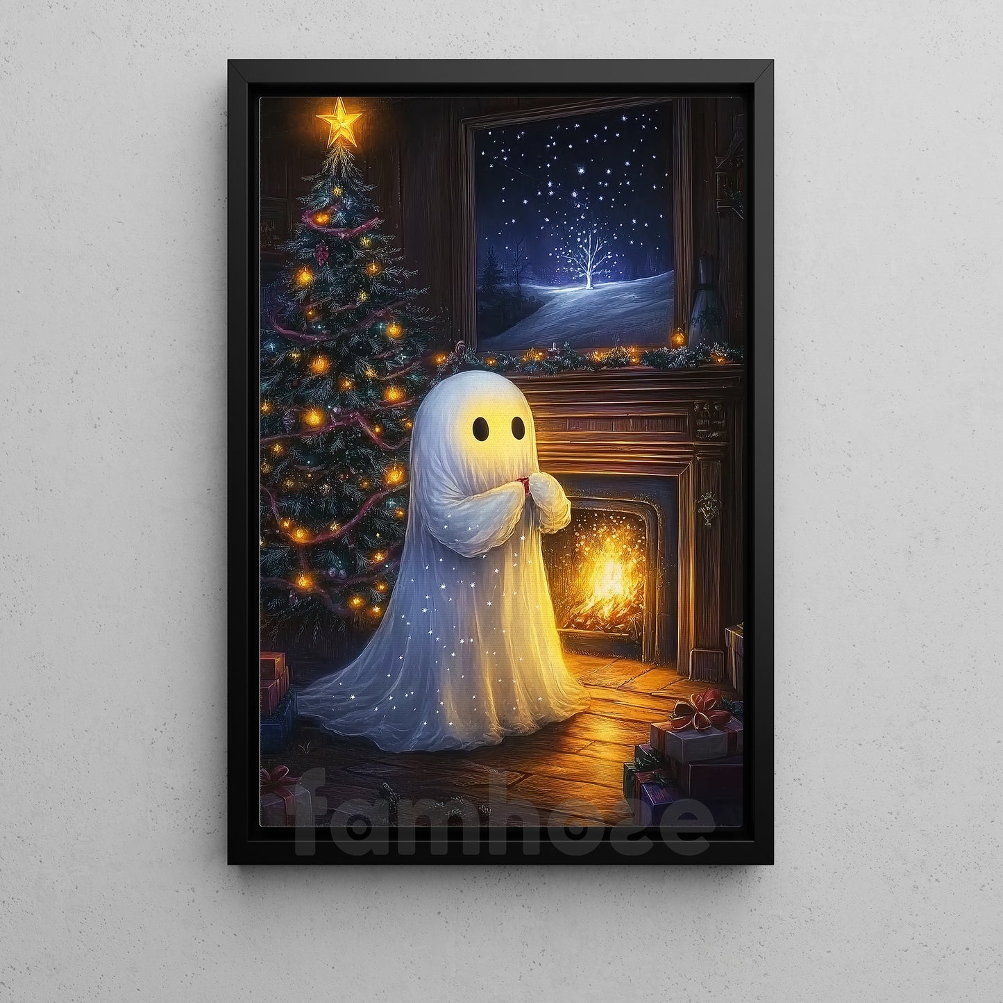 Halloween Boo Canvas Painting, A Ghost’s Warm Winter Night Wall Art Decor, Spooky Season Poster Gift For Ghost Lovers