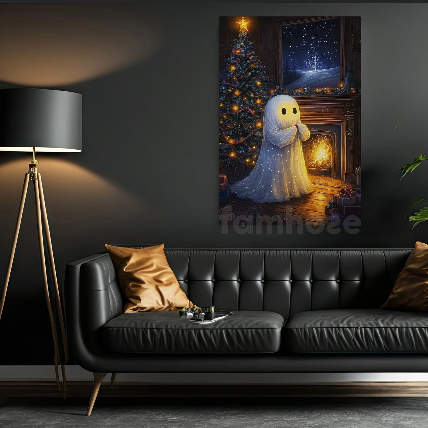 Halloween Boo Canvas Painting, A Ghost’s Warm Winter Night Wall Art Decor, Spooky Season Poster Gift For Ghost Lovers