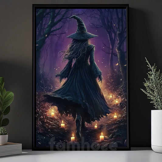 Halloween Witch Canvas Painting, Mystical Witch Walking Wall Art Decor, Spooky Season Poster Gift For Witch Lovers