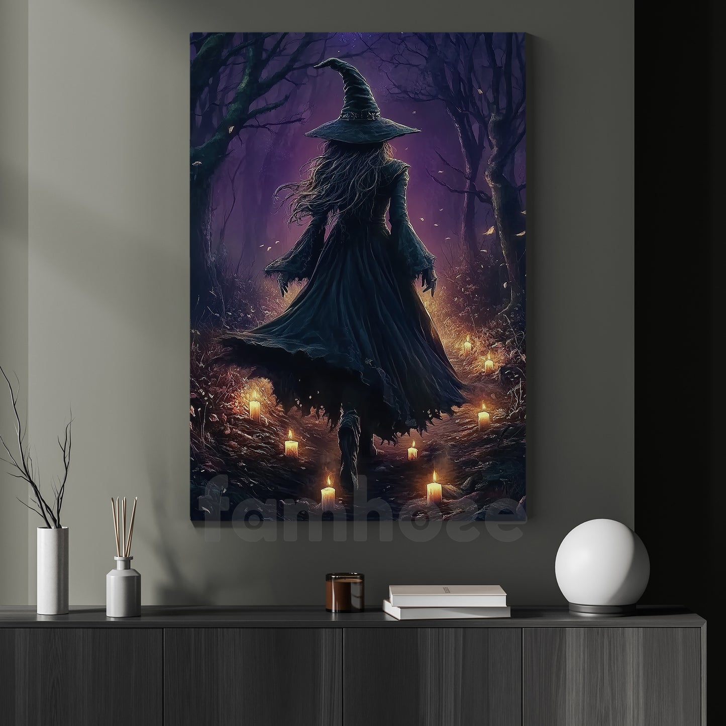 Halloween Witch Canvas Painting, Mystical Witch Walking Wall Art Decor, Spooky Season Poster Gift For Witch Lovers