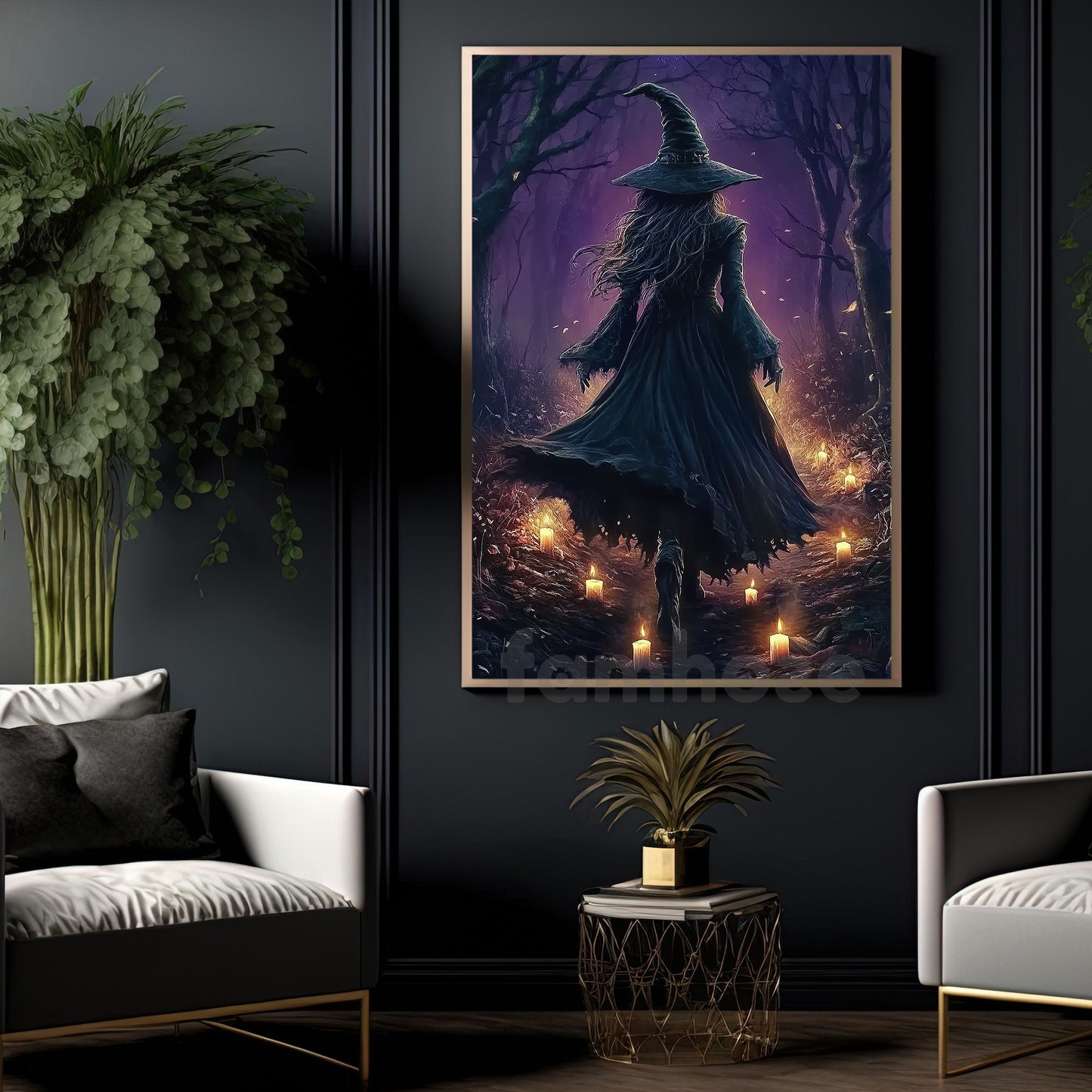 Halloween Witch Canvas Painting, Mystical Witch Walking Wall Art Decor, Spooky Season Poster Gift For Witch Lovers