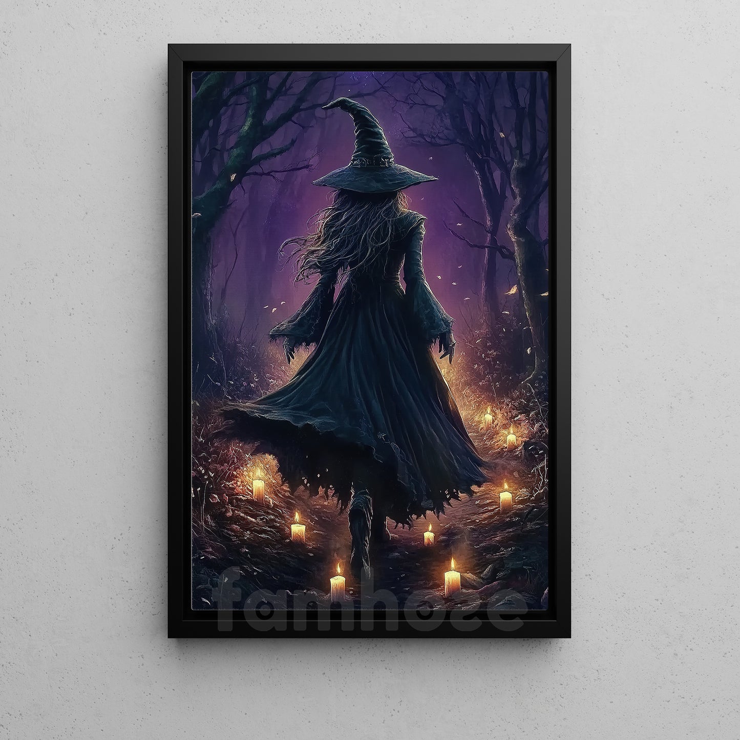Halloween Witch Canvas Painting, Mystical Witch Walking Wall Art Decor, Spooky Season Poster Gift For Witch Lovers