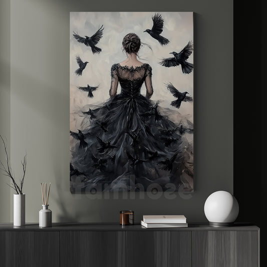 Gothic Halloween Witch Raven Canvas Painting, The Raven Queen Wall Art Decor, Spooky Season Poster Gift For Crows Lovers