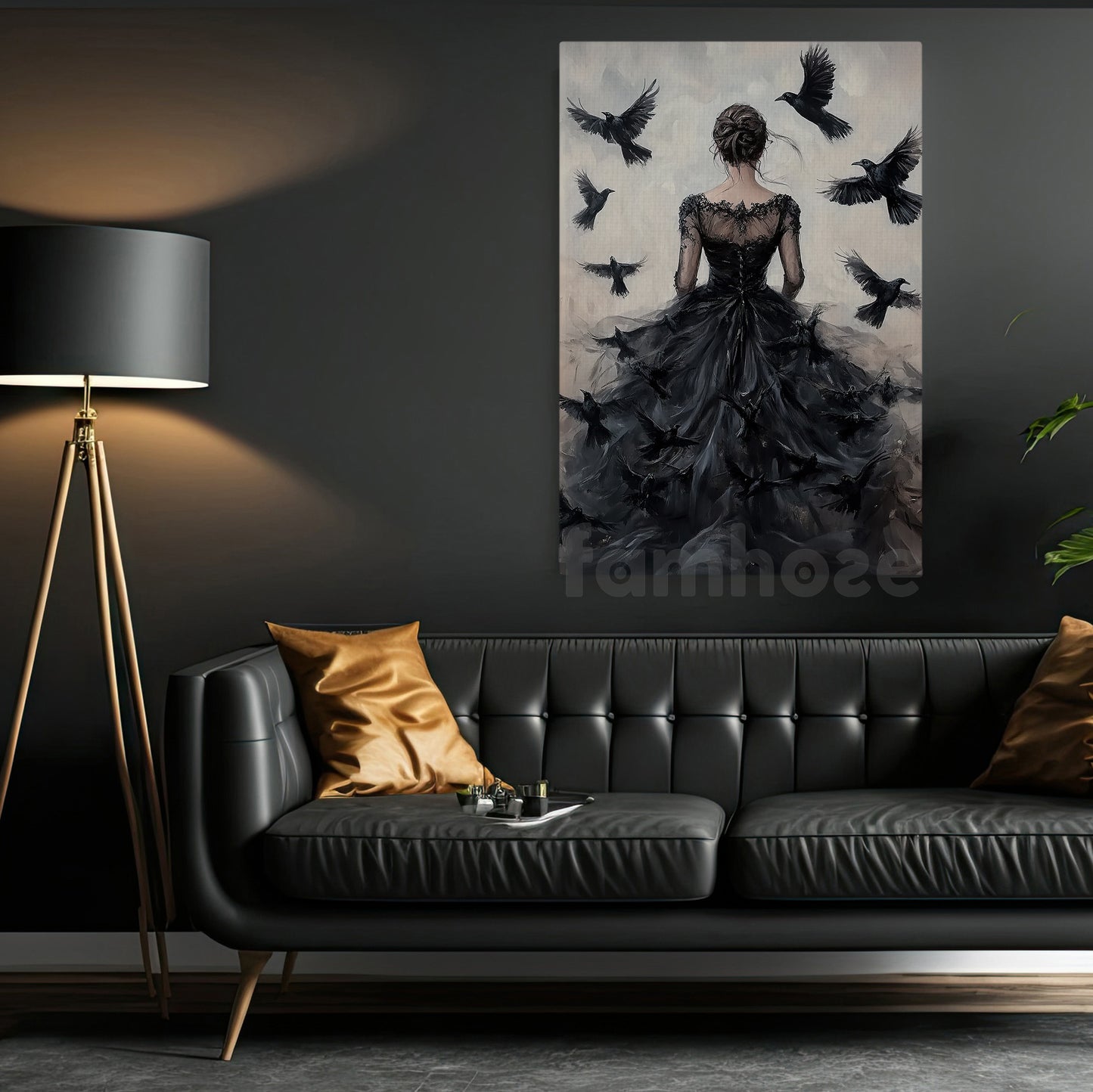 Gothic Halloween Witch Raven Canvas Painting, The Raven Queen Wall Art Decor, Spooky Season Poster Gift For Crows Lovers