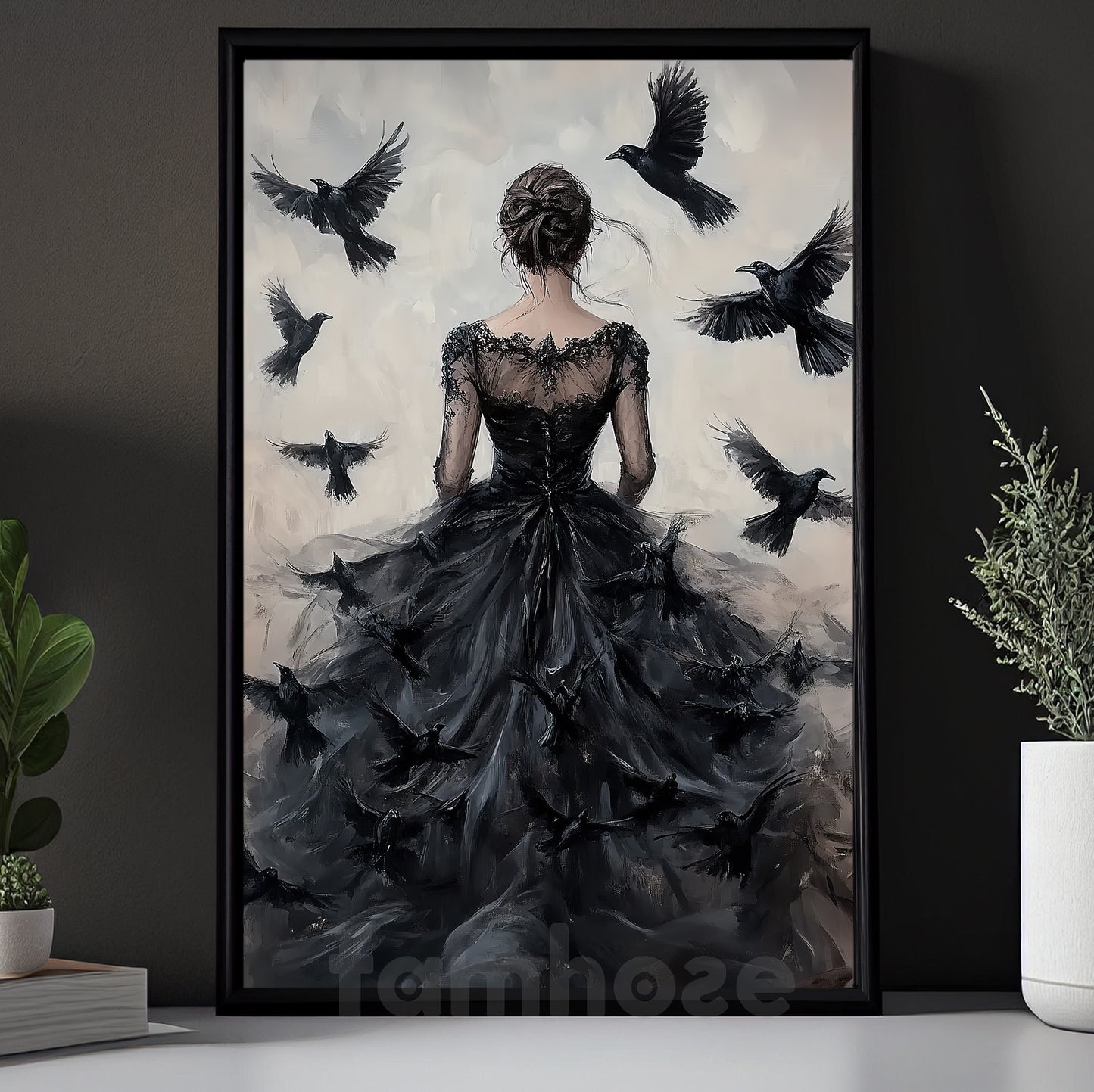 Gothic Halloween Witch Raven Canvas Painting, The Raven Queen Wall Art Decor, Spooky Season Poster Gift For Crows Lovers