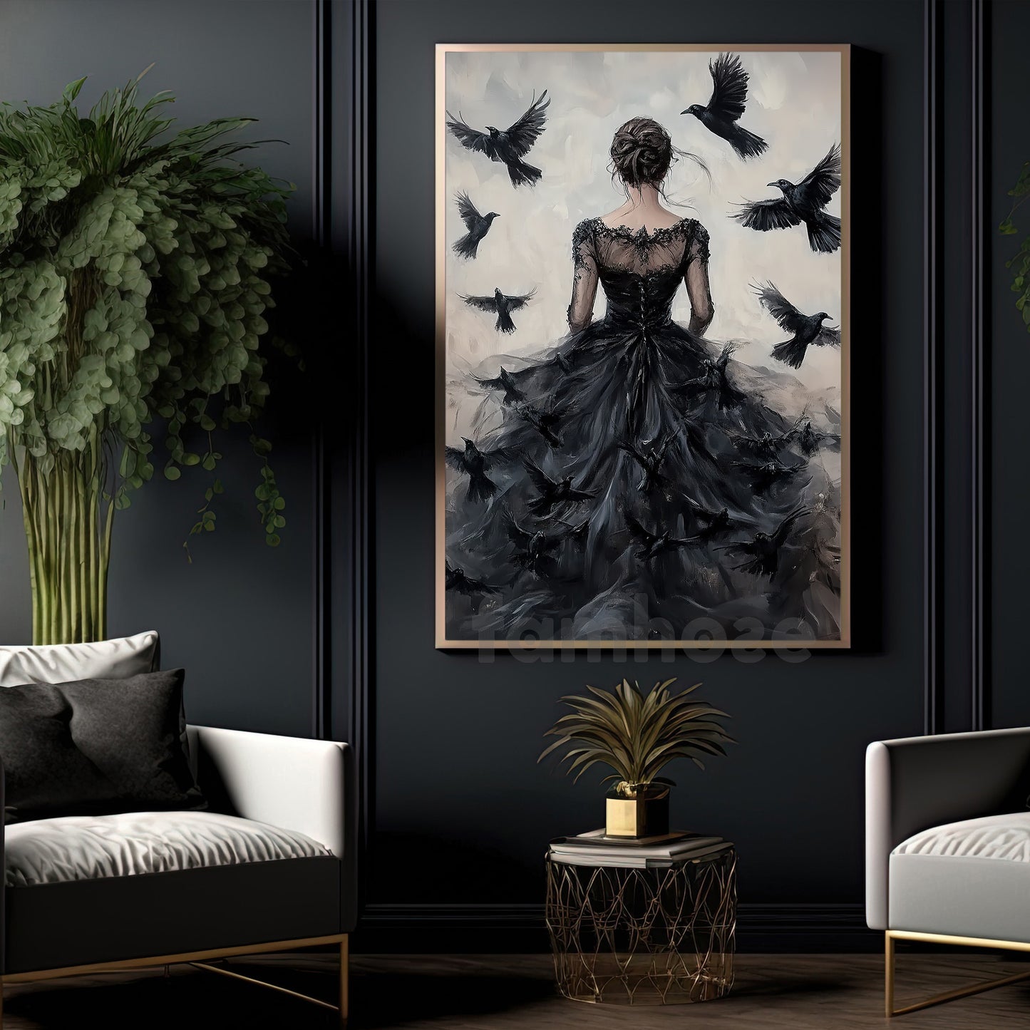 Gothic Halloween Witch Raven Canvas Painting, The Raven Queen Wall Art Decor, Spooky Season Poster Gift For Crows Lovers