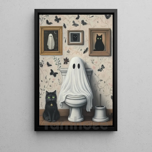Halloween Boo Toilet Cat Canvas Painting, Even Ghosts Need A Break Wall Art Decor, Spooky Season Poster Gift For Ghost Lovers, Toilet Lovers