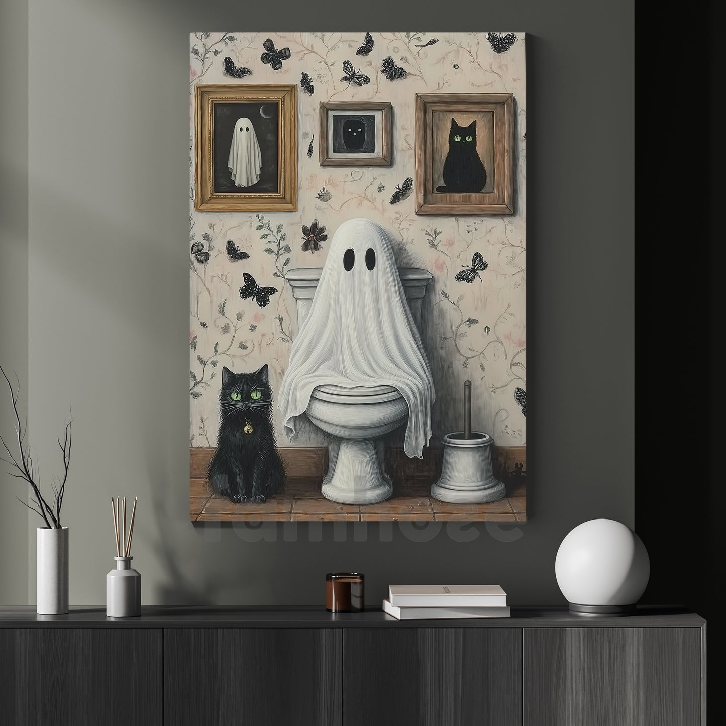 Halloween Boo Toilet Cat Canvas Painting, Even Ghosts Need A Break Wall Art Decor, Spooky Season Poster Gift For Ghost Lovers, Toilet Lovers