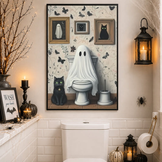 Halloween Boo Toilet Cat Canvas Painting, Even Ghosts Need A Break Bathroom Wall Art Decor, Spooky Season Restroom Poster Gift For Ghost Lovers