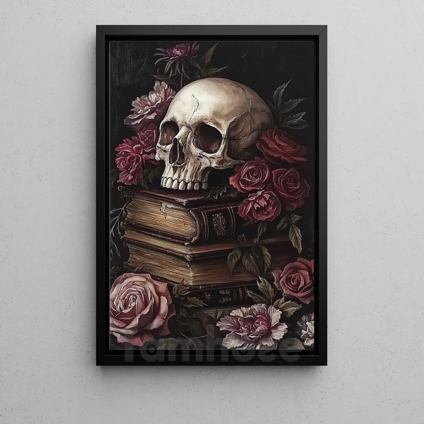 Halloween Skull Flowers Canvas Painting, Skull & Roses Wall Art Decor, Spooky Season Poster Gift For Skull Lovers
