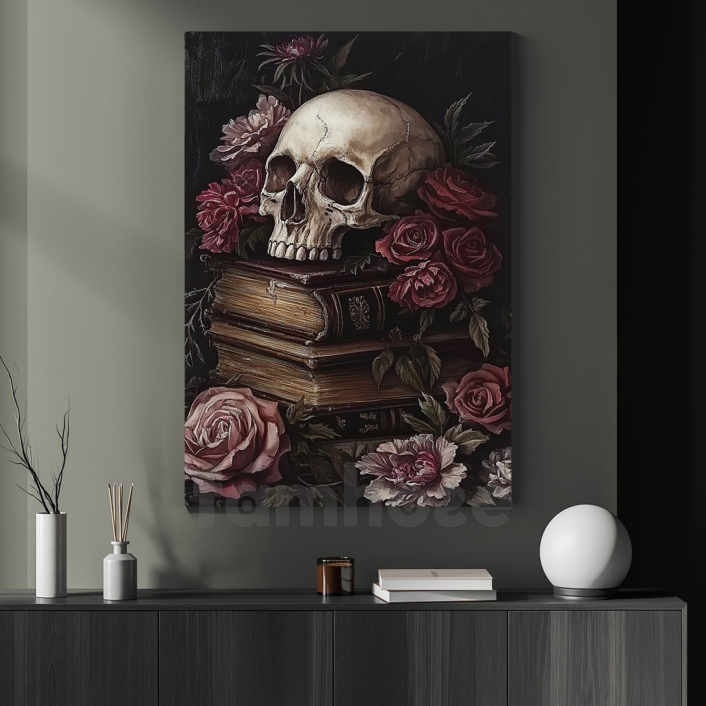 Halloween Skull Flowers Canvas Painting, Skull & Roses Wall Art Decor, Spooky Season Poster Gift For Skull Lovers