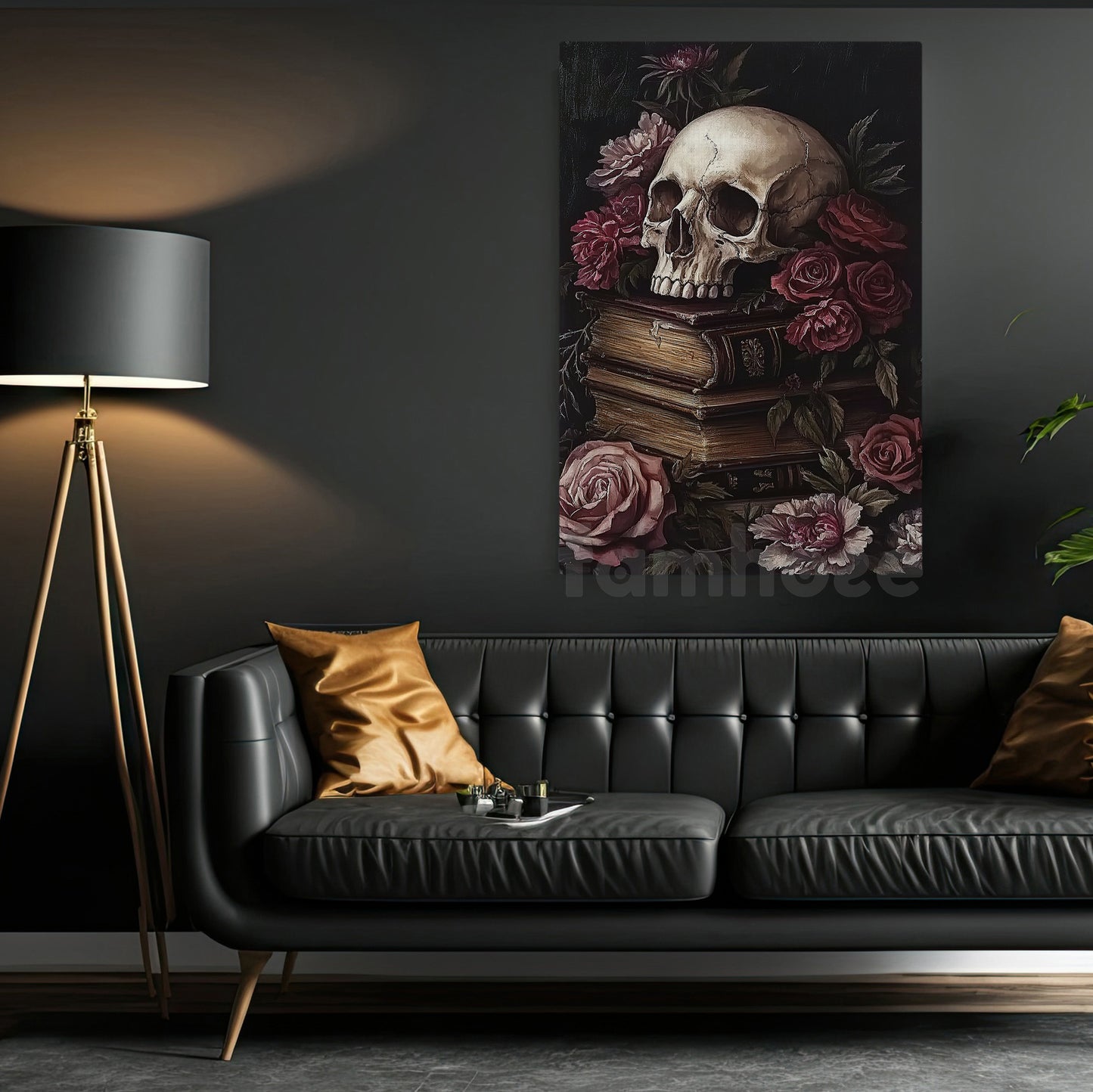 Halloween Skull Flowers Canvas Painting, Skull & Roses Wall Art Decor, Spooky Season Poster Gift For Skull Lovers