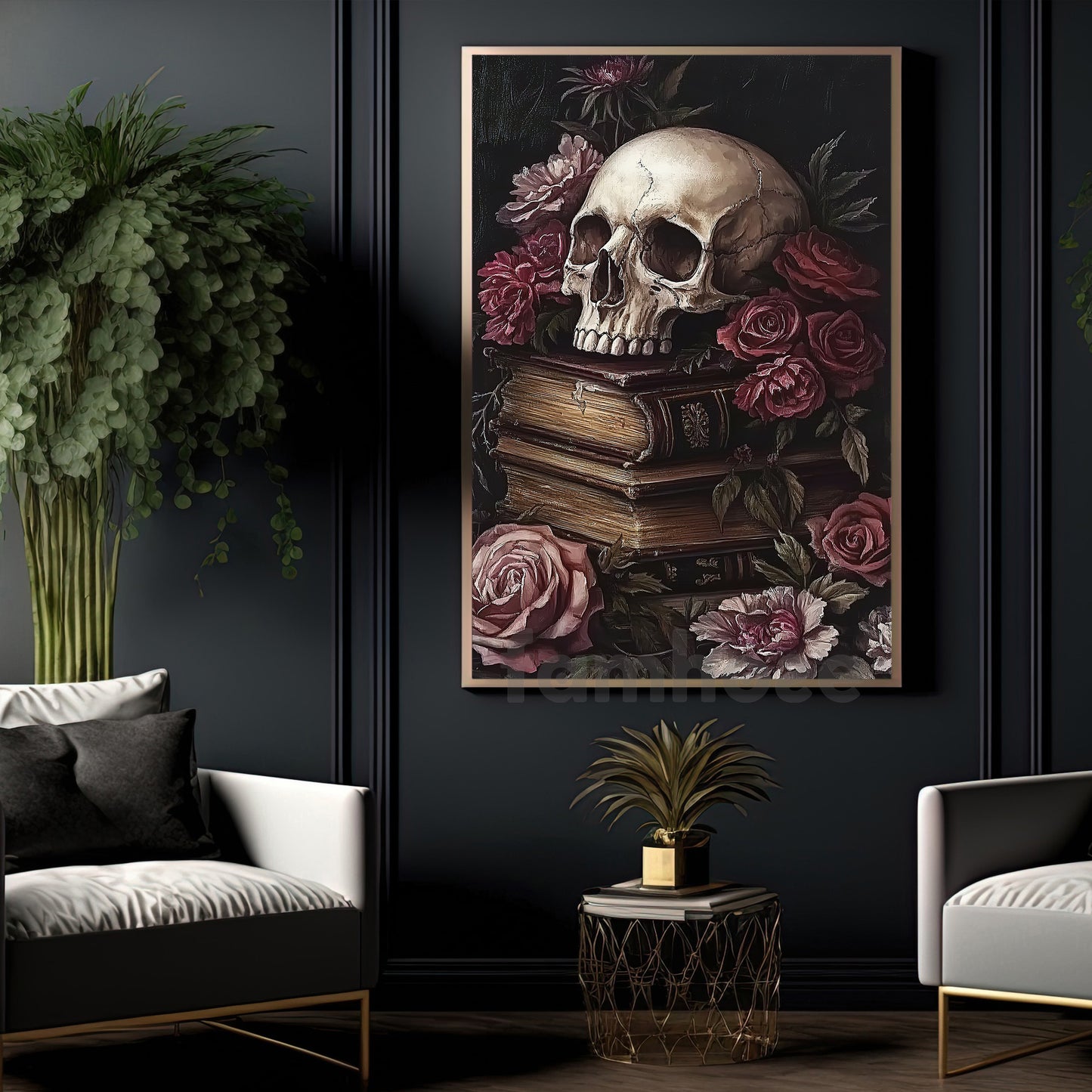 Halloween Skull Flowers Canvas Painting, Skull & Roses Wall Art Decor, Spooky Season Poster Gift For Skull Lovers