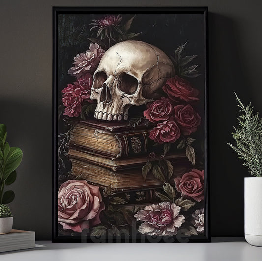 Halloween Skull Flowers Canvas Painting, Skull & Roses Wall Art Decor, Spooky Season Poster Gift For Skull Lovers